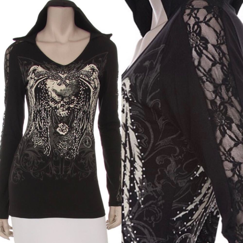 Biker Long sleeve Rhinestone skull lace hoodie.